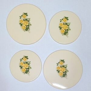 Vintage Enamel Metal Yellow Rose Round Large & Small Stove Burner Covers Set 4